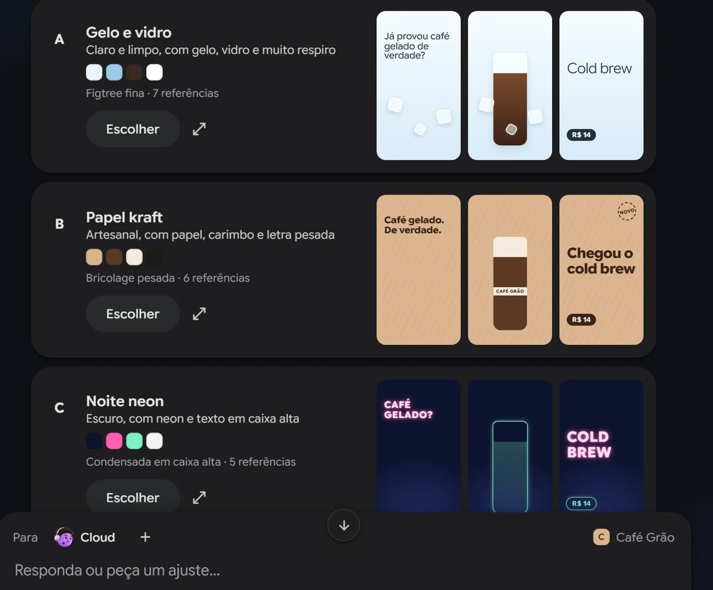 As três direções do vídeo no chat do TUIFT Media: Gelo e vidro, Papel kraft e Noite neon