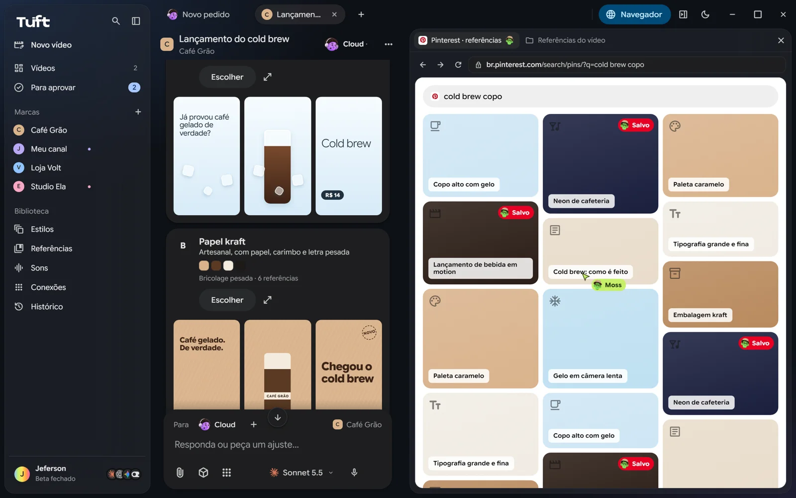 O Moss pesquisando referências de cold brew no Pinterest pelo navegador interno